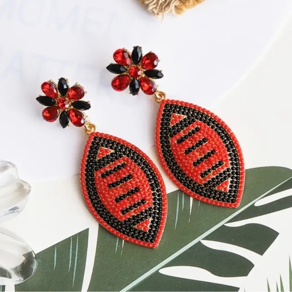 New Red & Black Rhinestone Football Drop Dangle Earrings - Picture 3 of 12